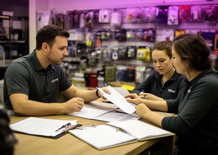 Store team reviewing customer privacy paperwork beside fishing gear shelves and a repair counter