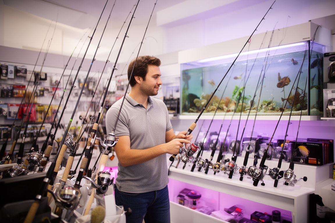 Angler browsing a bright fishing tackle display beside neatly arranged rods and reels in a modern Phoenix shop